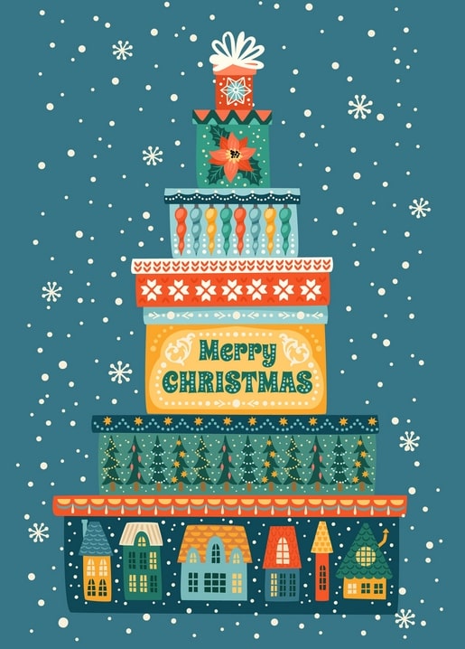 Illustrated tower of stacked patterned gift boxes with poinsettia and tiny houses at the base