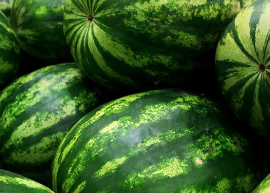 Gestapelte reife Wassermelonen mit dunkelgrüner, gestreifter Schale in Nahaufnahme