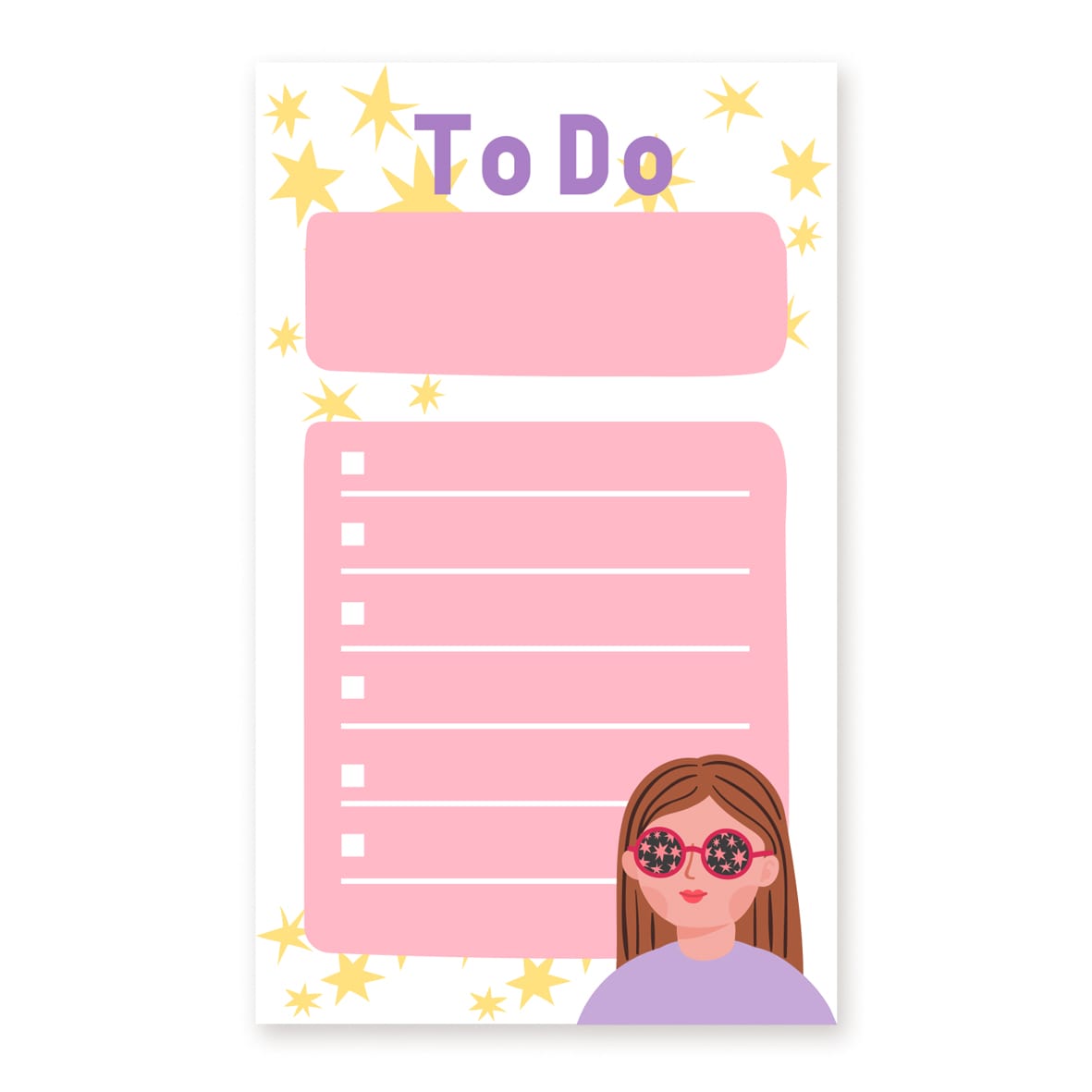 Rosa To-Do-Notizblock mit Sternmuster und illustriertem Mädchen in Sternbrille