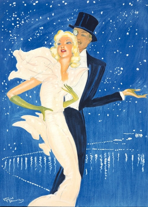 Art Deco couple dancing at night under a starry sky with city lights below