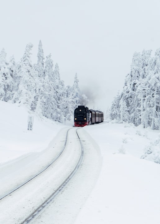 Roter Dampfzug fährt durch einen verschneiten Nadelwald