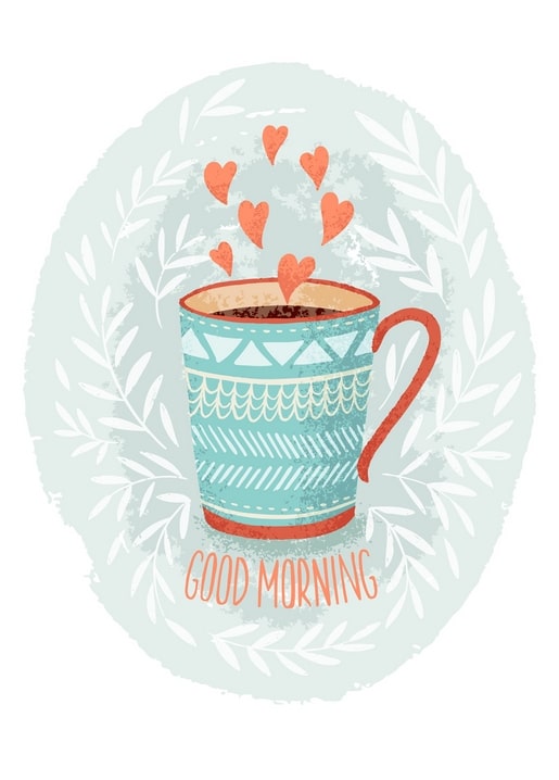 Illustrierte mintfarbene Tasse mit Dampfherzen und dem Schriftzug „Guten Morgen“