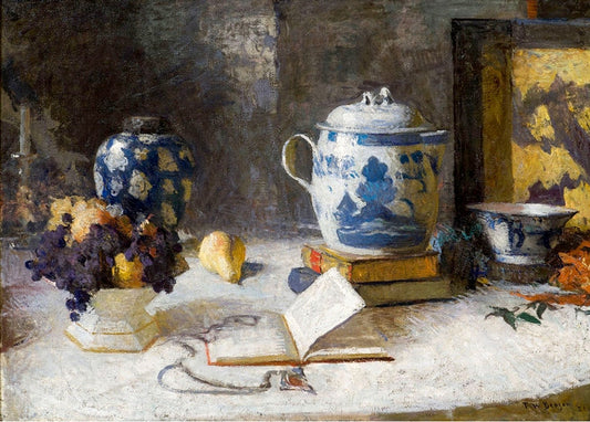 Натюрморт із синьо-білим чайником на книгах, розгорнутою книгою та окулярами для читання