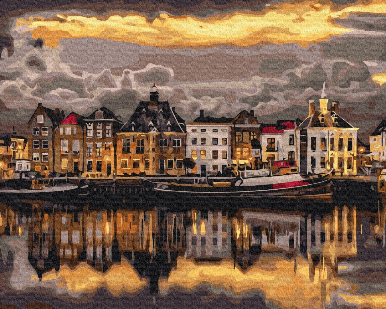 Paint-by-numbers view of gabled waterfront houses in Stockholm at golden dusk