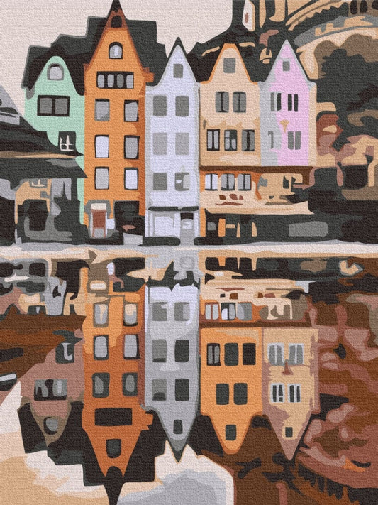 Illustrated paint-by-numbers scene of pastel gabled houses in Stockholm's old town mirrored in water
