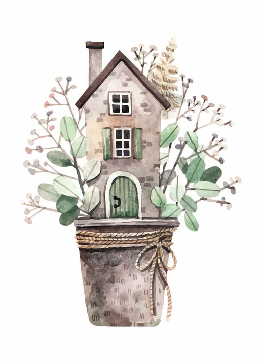 Watercolor stone cottage nestled inside a potted eucalyptus plant tied with a twine bow