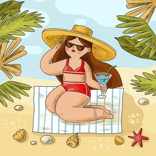 Illustration of a woman in a straw hat sitting on a beach towel with seashells, a starfish, and a cocktail