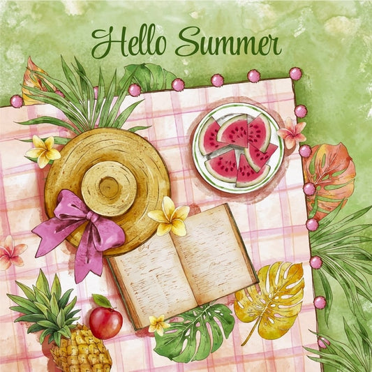 Watercolor flat lay with straw hat, watermelon, pineapple and open book on a picnic blanket
