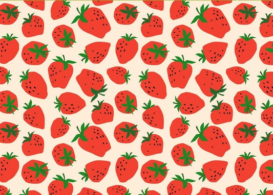 Seamless pattern of red strawberries with green tops on a cream background.