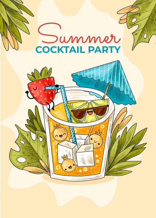 Illustrated strawberry character with sunglasses lime and cocktail among tropical leaves