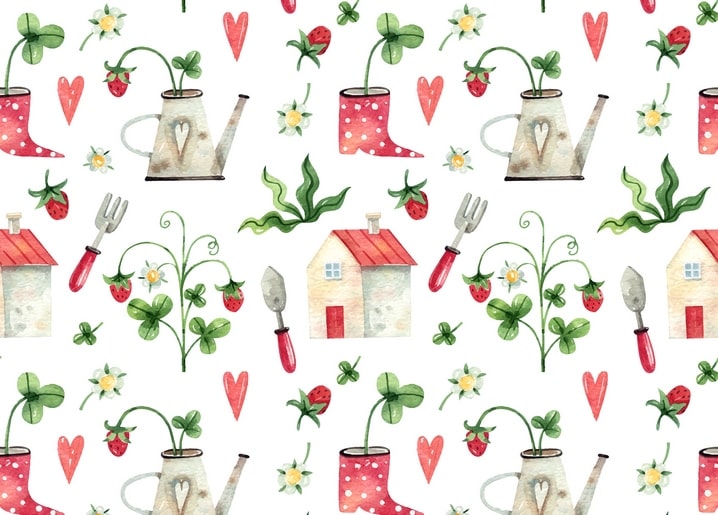 Seamless strawberry garden pattern with heart watering cans and polka-dot boots