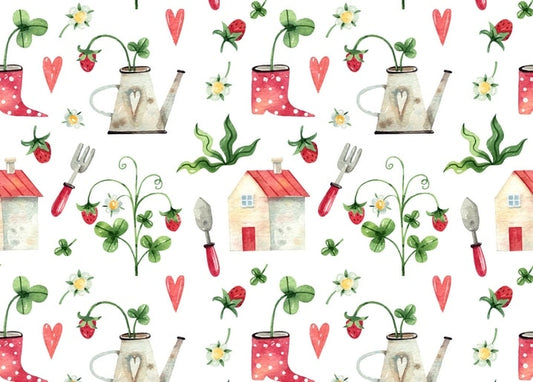 Seamless strawberry garden pattern with heart watering cans and polka-dot boots