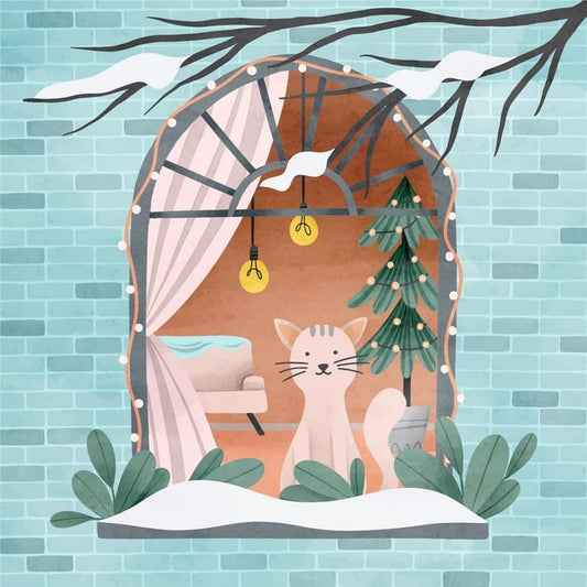 Illustrated postcard of a striped cat sitting in an arched window with fairy lights