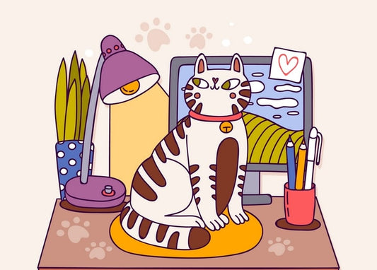 Illustration of a striped cat sitting on a desk beside a lamp and plant