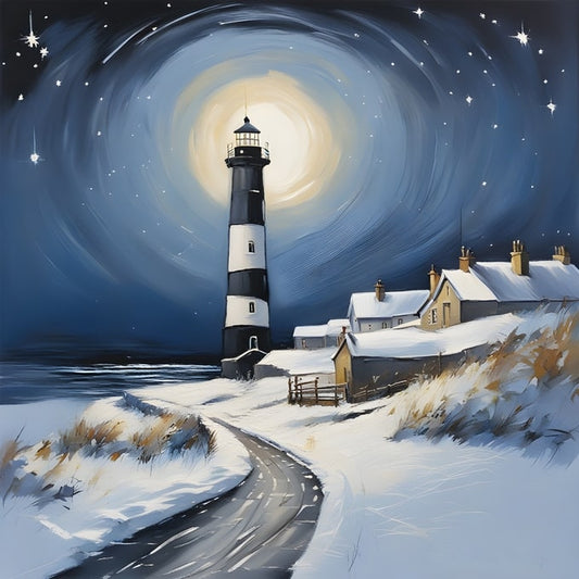 Striped lighthouse over a snowy coastal village under a starry night sky