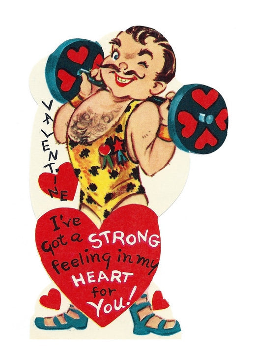 Vintage Valentine postcard of a mustached strongman lifting heart-shaped dumbbells