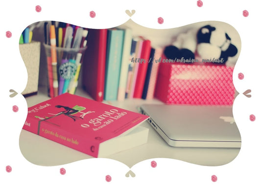 Rosa Taschenbuch und aufgeklappter Laptop auf einem Schreibtisch mit bunten Stiften und Plüschtieren