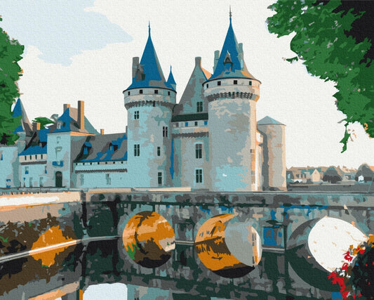 Illustrated blue-roofed towers of Sully-sur-Loire castle reflected in the moat beside a stone bridge