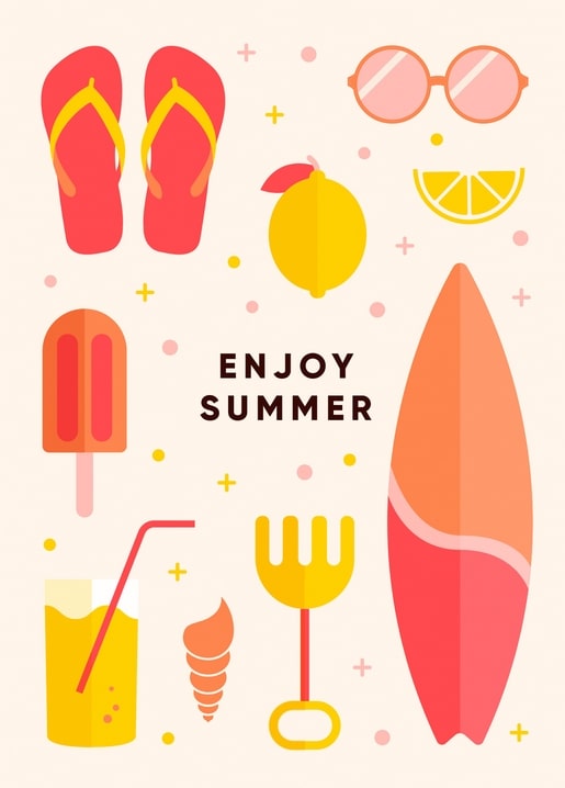 Flat icons of flip-flops, sunglasses, a popsicle, surfboard and lemonade around ‘Enjoy Summer’ text