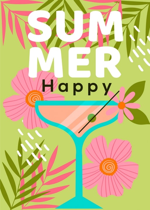 Illustrated postcard with a pastel cocktail, olive garnish, and pink flowers on green background