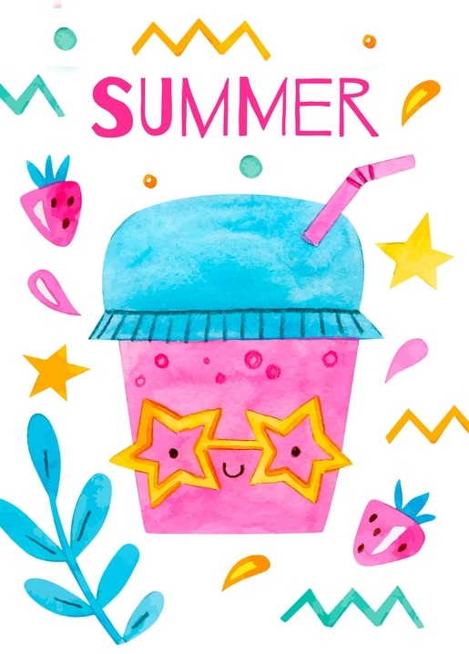 Smiling pink summer drink cup wearing star sunglasses with strawberries