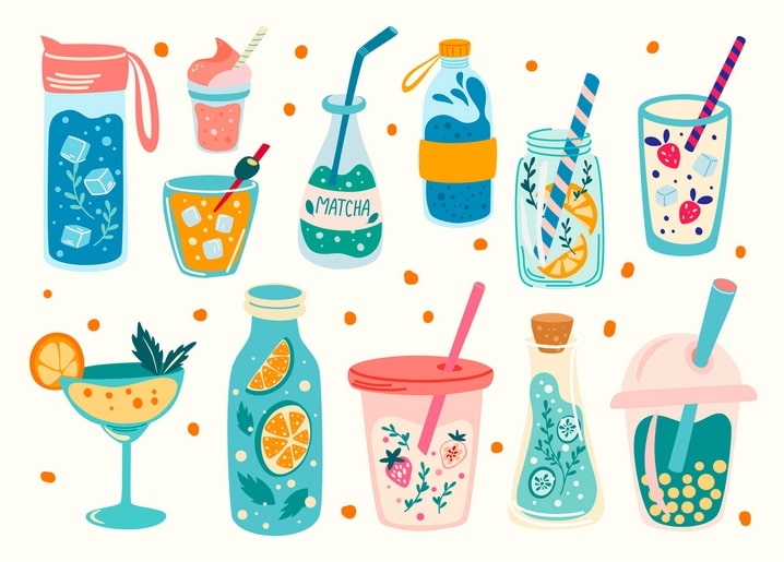Illustrated pattern of summer drinks including lemonade, matcha, smoothies, and bubble tea