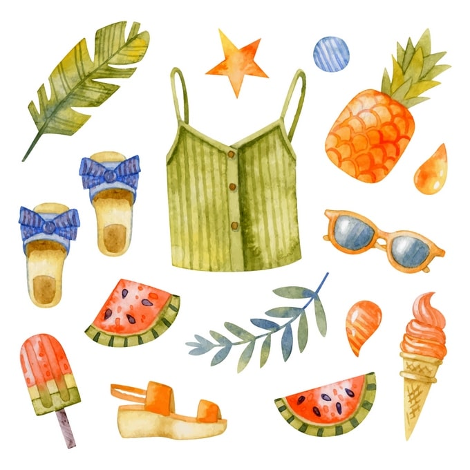 Watercolor summer flatlay with watermelon, ice cream, pineapple, sunglasses and beach sandals