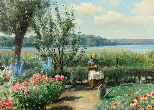 Woman doing needlework in a flowering garden above a fjord, Mønsted painting