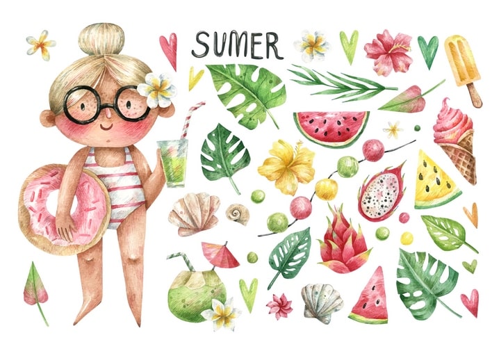 Watercolor summer girl with donut float, watermelon, dragon fruit and ice cream cone