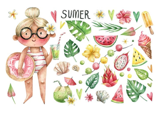 Watercolor summer girl with donut float, watermelon, dragon fruit and ice cream cone