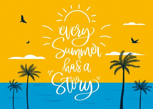Illustration of palm trees, sun, and seabirds over the sea with the words ‘every summer has a story’