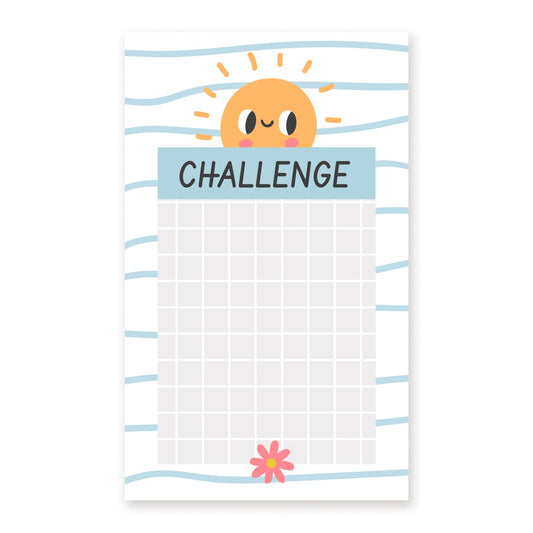 Pastellfarbene Challenge-Tracker-Karte mit lächelnder Sonne, Rasterfeldern und rosa Blüte