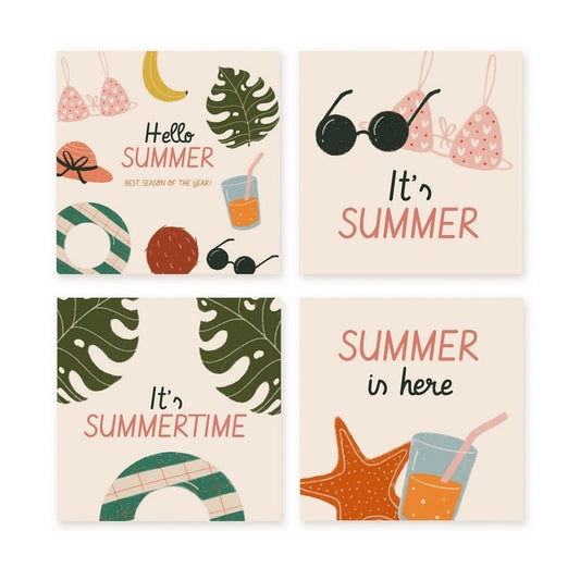 Чотири міні-листівки: капелюх, кокос і сік, окуляри з купальником, рятувальне коло під листям монстери.