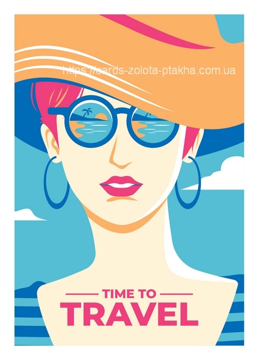 Pop-Art-Postkarte mit einer Frau in Sonnenhut und runder Sonnenbrille