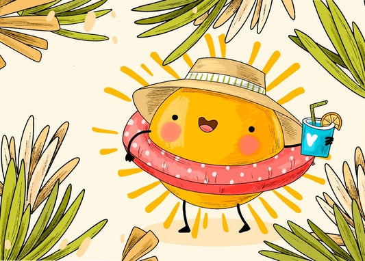 Smiling cartoon sun wearing a straw hat and pink swim ring, holding a drink among palm leaves.