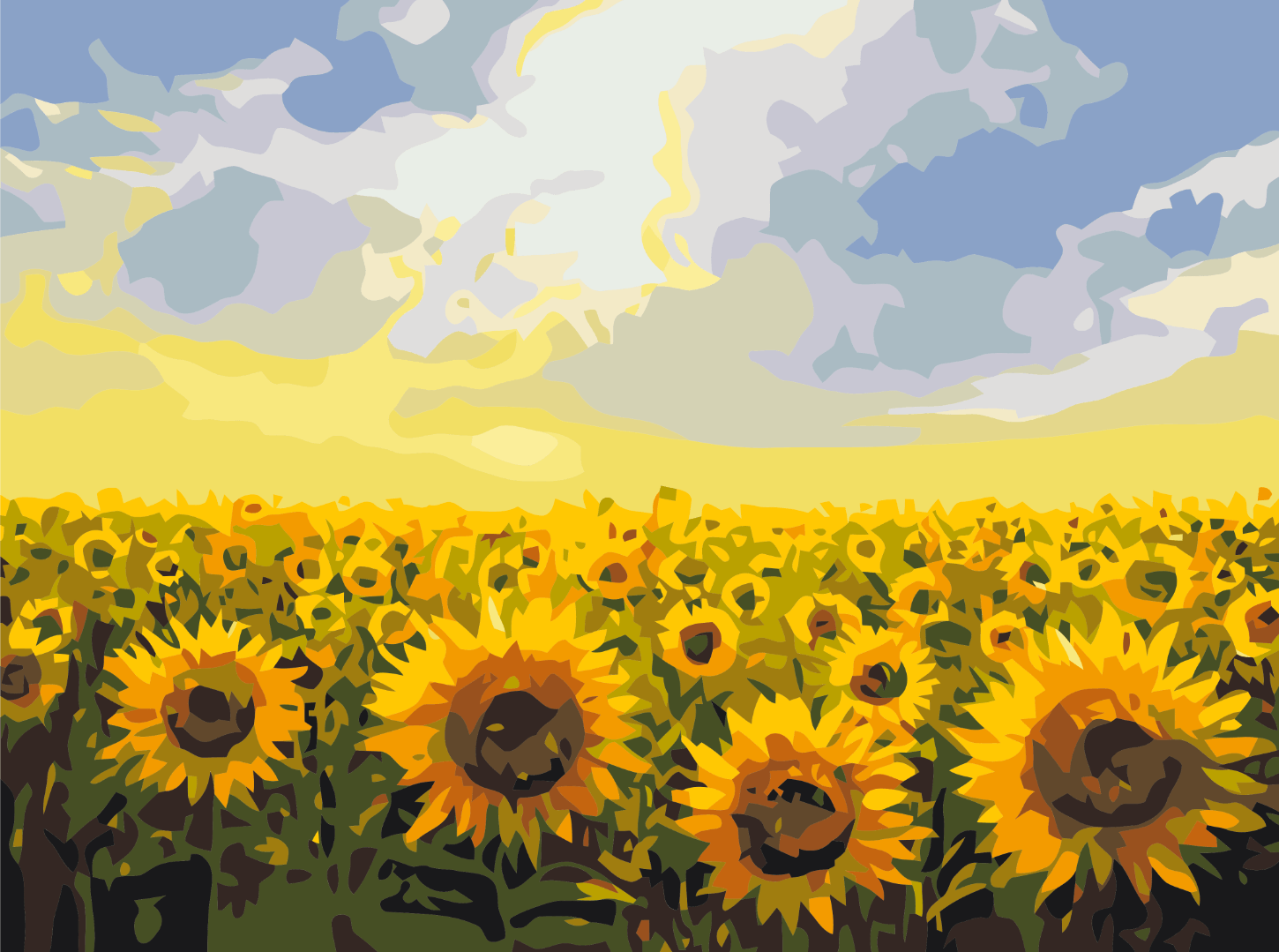 Sunflower field under a sky filled with billowing clouds, one flower head bowed among the bright blooms.
