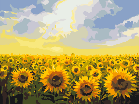 Sonnenblumenfeld unter dichten Wolken, eine Blüte neigt sich zwischen den hellen Nachbarblüten.