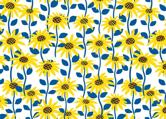 Nahtloses Muster aus gelben Sonnenblumen mit blauen Blättern auf weißem Hintergrund