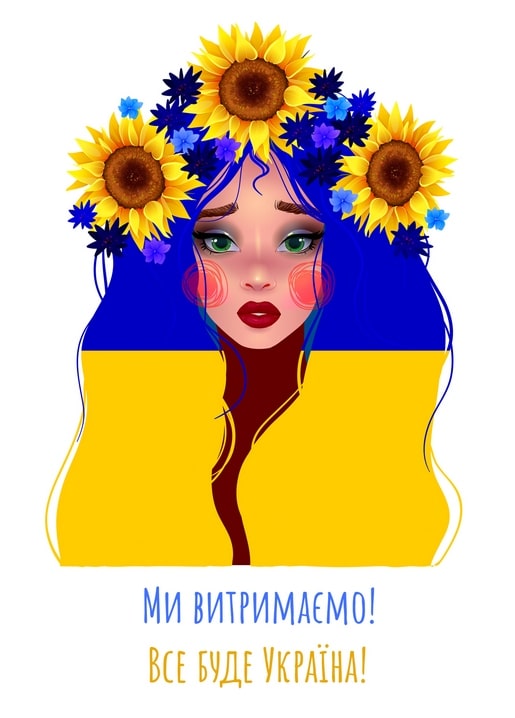 Illustriertes Porträt einer Frau mit Sonnenblumen- und Kornblumenkranz, Haar im Blau-Gelb der ukrainischen Flagge