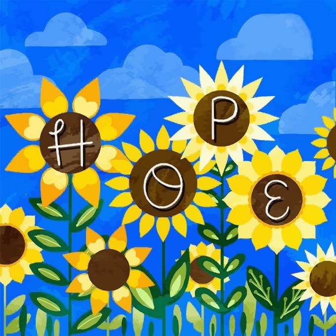 Vier Sonnenblumen mit den Buchstaben H, O, P, E in der Mitte, die HOPE vor blauem Himmel bilden
