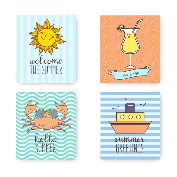 Four hand-drawn vacation postcards: smiling sun, citrus cocktail, crab in sunglasses and cruise ship