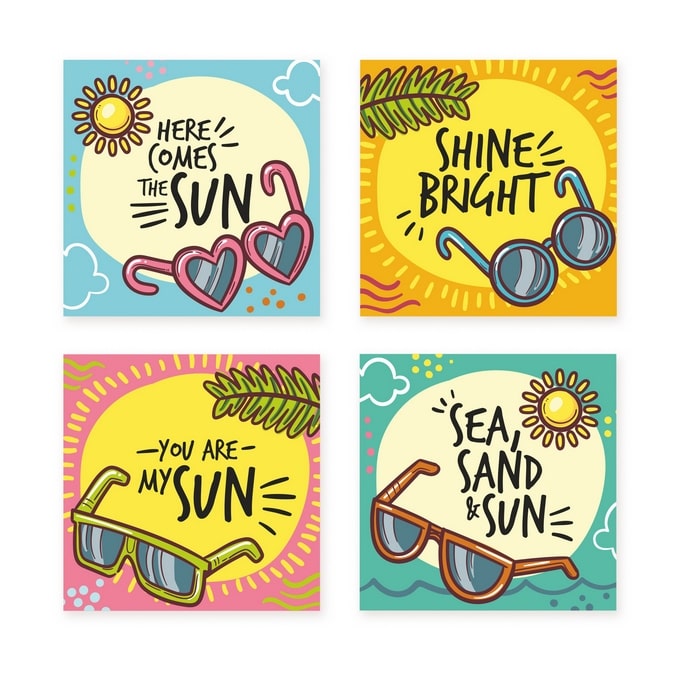 Four mini postcards with hand-drawn sunglasses framed by sun rays, clouds and a palm leaf, in pink, orange, pink and teal
