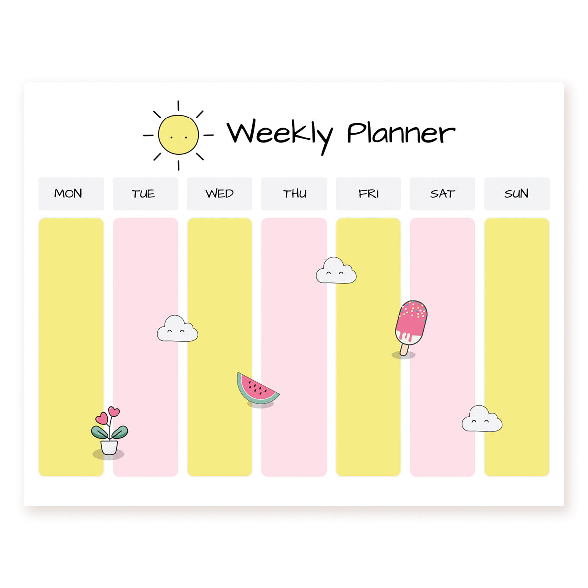 Weekly planner sheet with a sun, watermelon, and popsicle on yellow-and-pink stripes