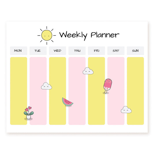 Weekly planner sheet with a sun, watermelon, and popsicle on yellow-and-pink stripes