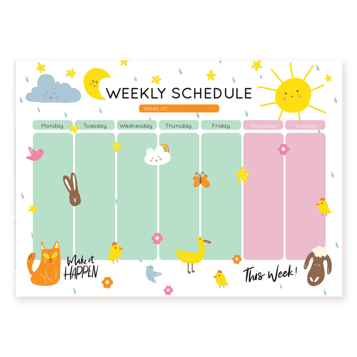 Weekly schedule with a smiling sun, moon, cloud, and farm animals including a bunny, cat, and sheep