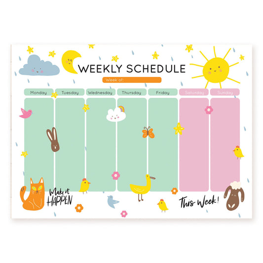 Weekly schedule with a smiling sun, moon, cloud, and farm animals including a bunny, cat, and sheep
