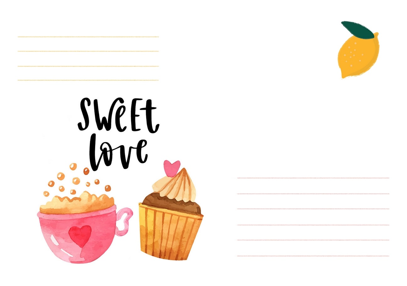 Рожевий кухоль з капучино, кекс і лимон під написом «Sweet love»