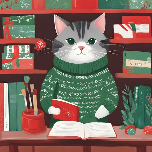 Ілюстрація смугастого кота в зеленому светрі з червоною книжкою біля полиці з подарунками