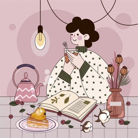 Hand holding tea with lemon beside an open book, dried poppy pods, cotton, and a slice of cake