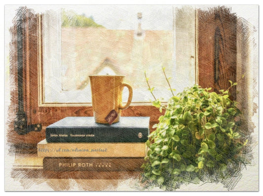 Ілюстрація кольоровим олівцем: чашка чаю на книжках біля сонячного підвіконня з кущиком м'яти